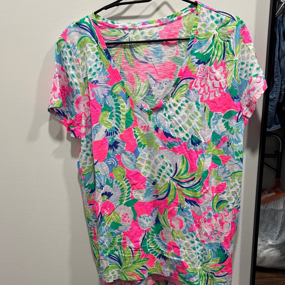 Lilly Pulitzer Neon Pink Multi V-Neck Short Sleeve Top xl